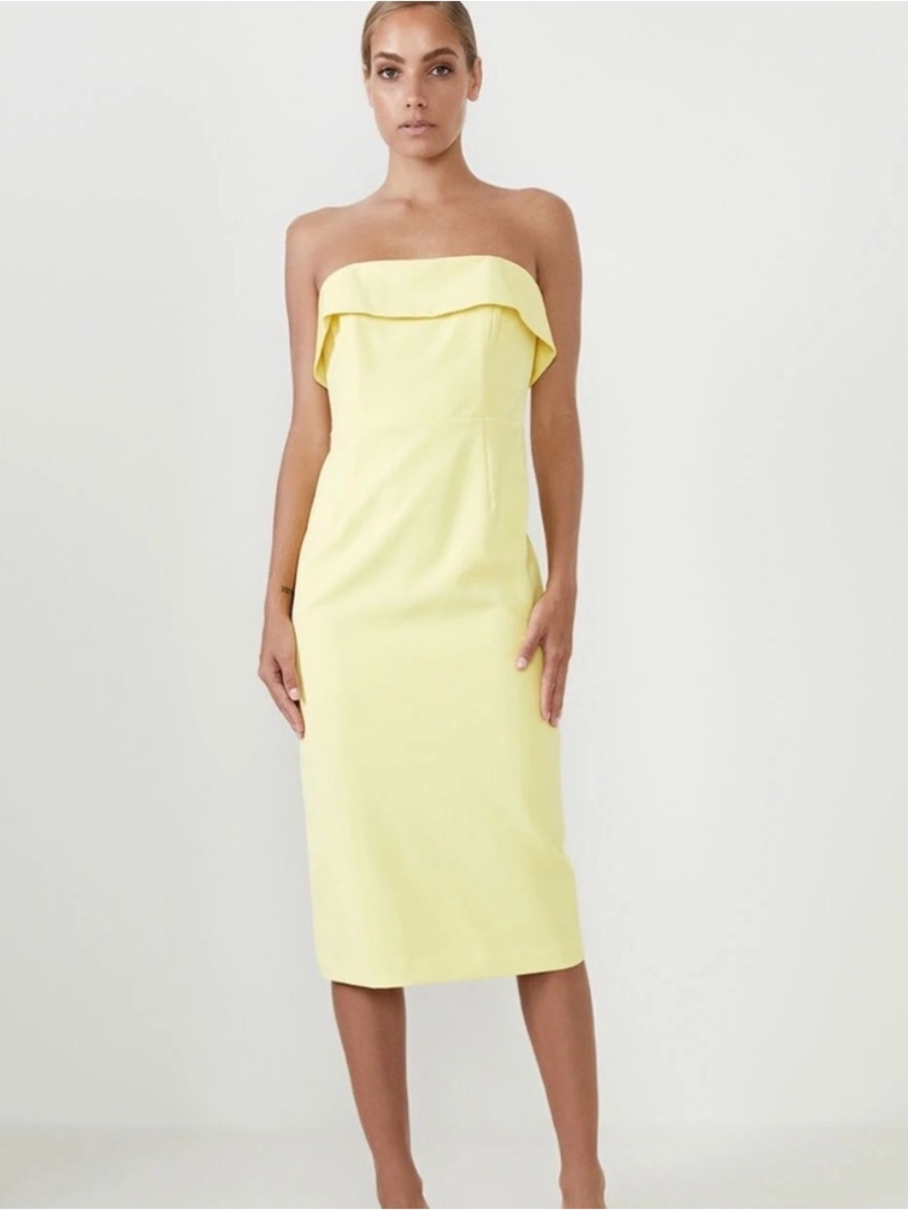 Bardot Georgia Strapless Midi Dress in Pale Yellow